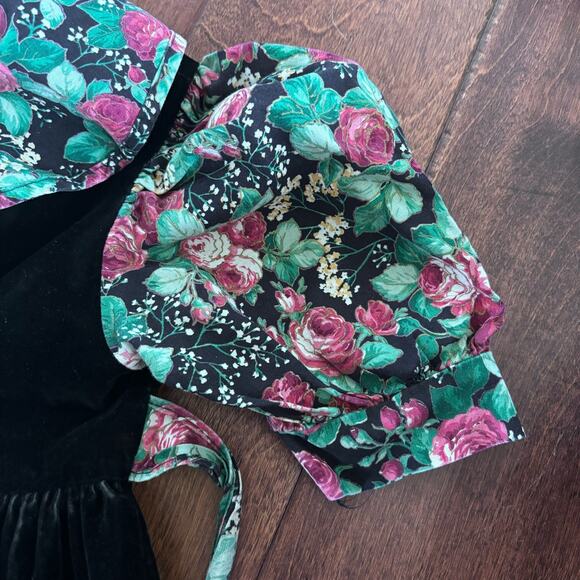 Vintage Jo Lene Girls Dress Small 6 Black Floral Velvet Collared Made in USA - Picture 8 of 9